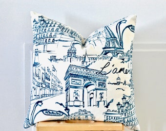 Blue Paris Print Pillow The Metra Blue Pillow Cover Toile Monochrome Cotton Blue and White Paris Throw Pillow Home Decor 18x18 20x20