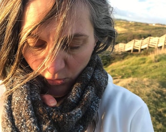 Soft Neckwarmer / Hand knitted Scarf / Boucle Wool / Handmade / For Her or Him / Pale Blue / Grey / Brown / Alpaka and Silk Yarn