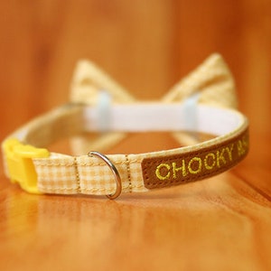 Yellow Gingham Cat Collar Personalized with Bow Tie, Yellow Grid  Bow Tie, Yellow Bow tie Cat Collar, Chocky Cat Collar Breakaway