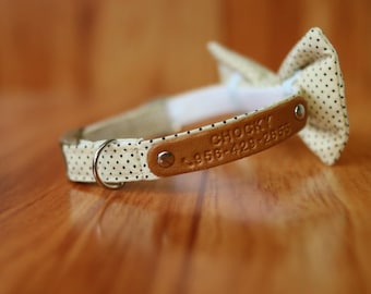 Collar de gato personalizado de lunares color crema con pajarita - Hebilla desprendible