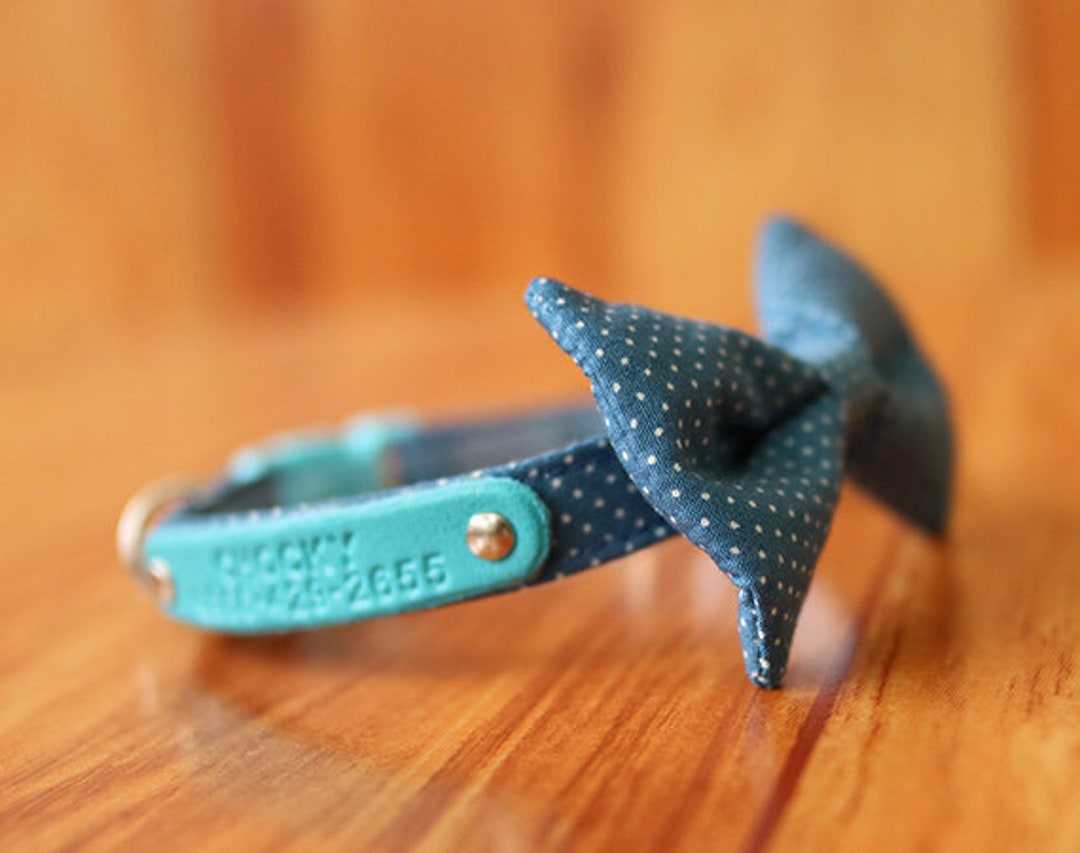 Blue Polka Dot Personalized Cat Collar With Bow Tie Polka Dot Etsy