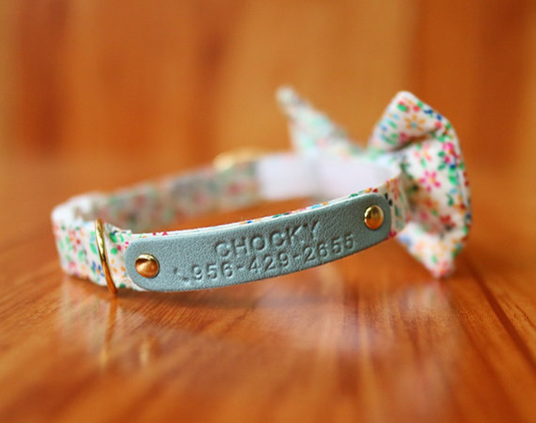 Little White Floral Cat Collar Personalized With Bow Tie, Little Flower