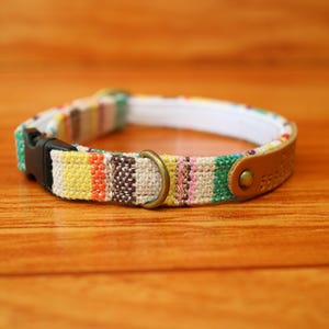 May include: A colorful pet collar with a striped pattern in yellow, orange, pink, green, and brown. The collar has a black plastic buckle, a brass-colored metal ring, and a brown leather accent with a metal stud.