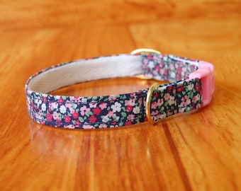Blue Floral Cat Collar: Cotton Breakaway Collar, Small Dog Option