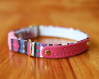 Pink Aztec Personalized Cat Collar, Pink Aztec Cat Collar Personalized, Chocky Cat Collar Tag, Cat Collar Breakaway, Small Dog Collar