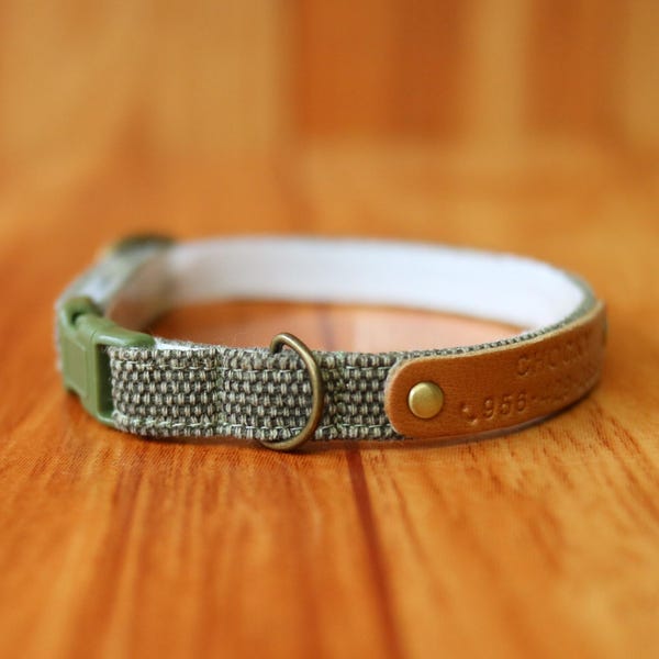 Personalized Olive Green Cat Collar: Earth Tone Breakaway, Custom cat tag