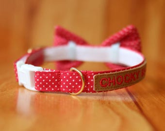 Red Polka Dot Cat Collar with Bow Tie: Personalized Breakaway Cotton Collar