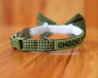 Personalized Green Gingham Cat Collar with Bow Tie - Breakaway Safety