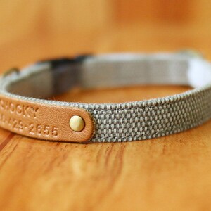 May include: A gray and brown dog collar with a leather tag that reads "Shockey 412-29-2655".