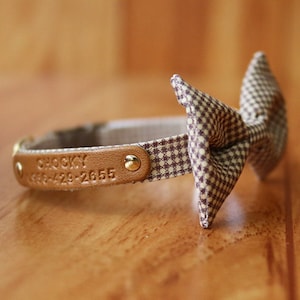 Brown Gingham Personalized Cat Collar with Bow Tie, Brown Grid Bow Tie, Brown Bow tie Cat Collar, Chocky Cat Collar Breakaway