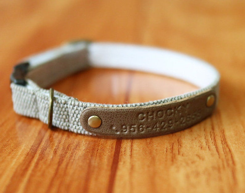 May include: A beige canvas dog collar with a brown leather tag that says "Chocky" and a phone number.