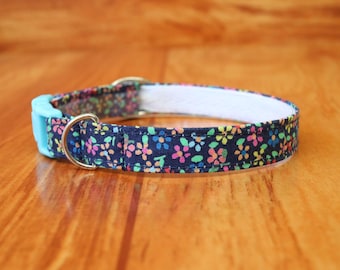 Blue Floral Cat Collar: Cotton Breakaway Collar, Small Dog Option