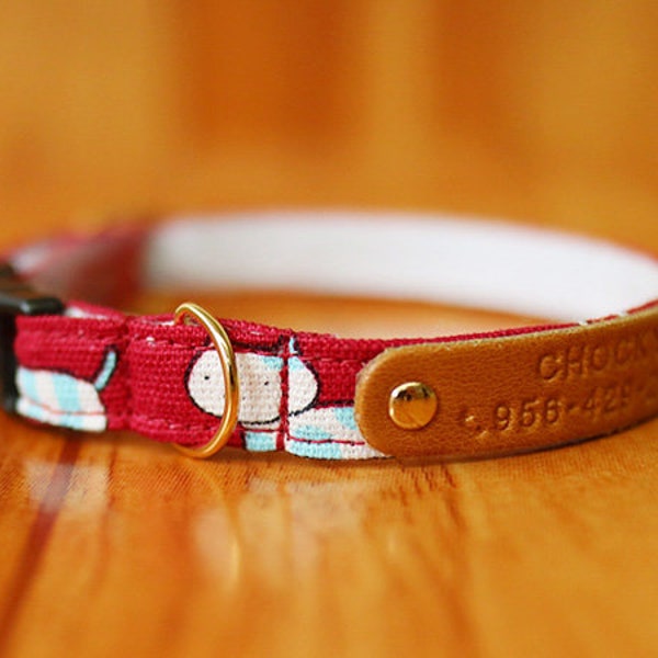 Cat Family - Cat Collar with Personalized, Personalized Cat Collar with Happy Cat, Soft Cotton Cat Collar, Chocky Cat Collar Breakaway/ Red