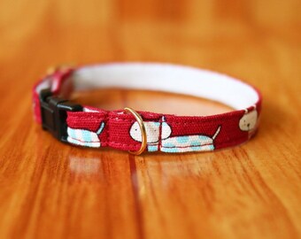Red Cotton Cat Collar: Happy Cat Family, Breakaway Buckle