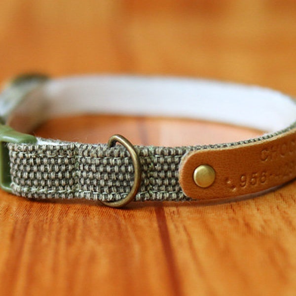 Green Earth Tone Cat Collar Personalized, Natural Green Personalized Cat Collar, Olive Green Cat Collar, Green Breakaway Cat Collar