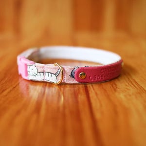 Pink Personalized Cat Collar with Happy Cat, Cat Family Breakaway Cat Collar, Cat Collar as Pink Soft Cotton, Chocky Cat Collar Breakaway