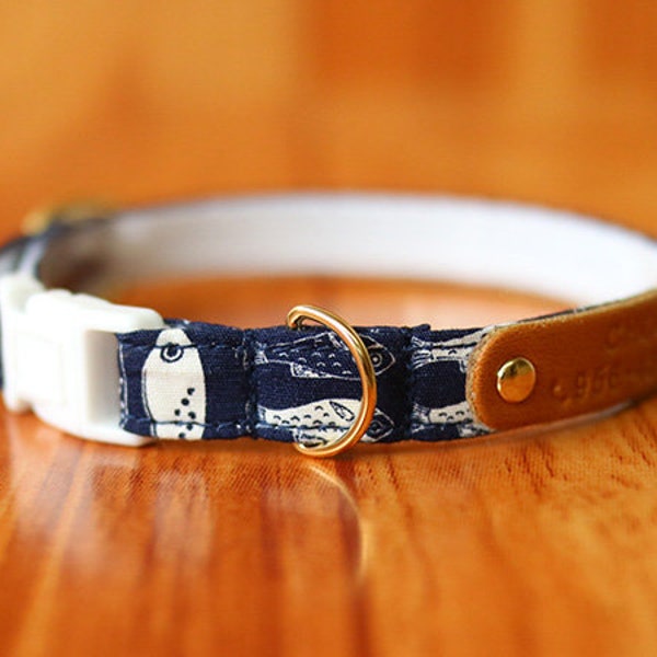 Soft Cotton Cat Collar Personalized ,Fish Cat Collar with Personalized, Blue Personalized Cat Collar, Chocky Breakaway Cat Collar