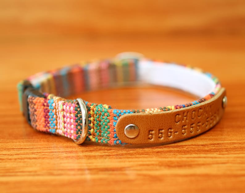 Colorful Boho Cat Collar Personalized, Tribal Cat Collar Engraved, Multi Striped Cat Collar Breakaway, Chocky Cat Collar image 2