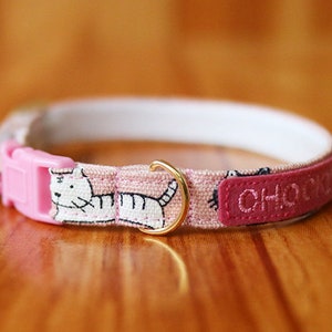 Cat Collar Personalized with Happy Cat, Cat Family Breakaway Cat Collar, Soft Cotton Cat Collar, Chocky Breakaway Cat Collar /Pink Collar