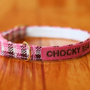 Pink Plaid Personalized Cat Collar, Buffalo Plaid Cat Collar Personalized, Chocky Breakaway Cat Collar, Plaid Cat Collar, Kitten Collar