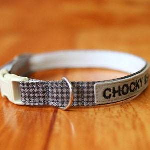 Grey Gingham Cat Collar Personalized, Grey Grid Personalized Cat Collar, Grey Cat Collar, Chocky Cat Collar Breakaway, Small Dog Collar