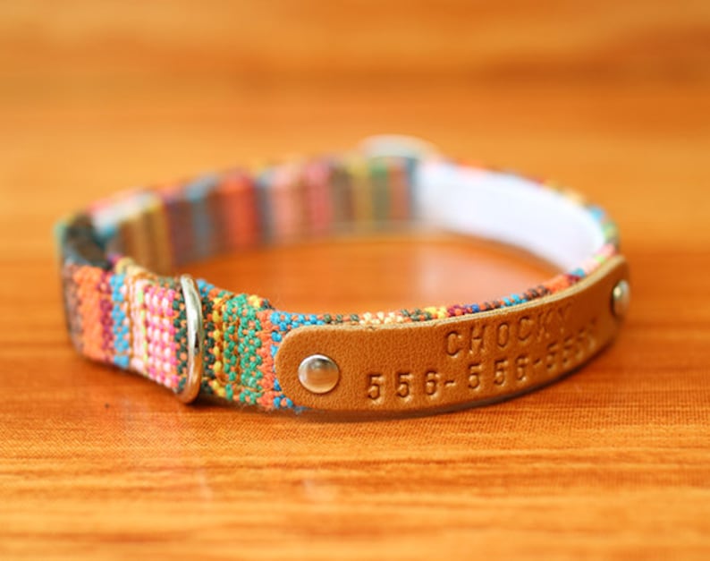 Colorful Boho Cat Collar Personalized, Tribal Cat Collar Engraved, Multi Striped Cat Collar Breakaway, Chocky Cat Collar image 4