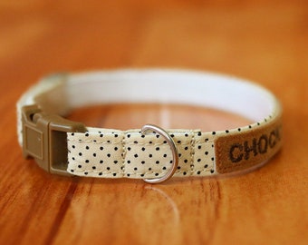 Cream Polka Dot Personalized Cat Collar, Cream Polka Dot Cat Collar Personalized, Chocky Cat Collar Breakaway, Small Dog Collar