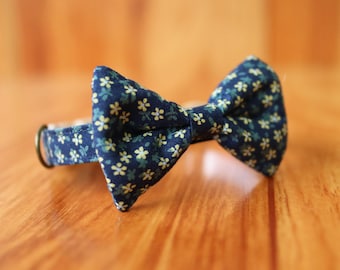 Blue Floral Cat Collar with Bow Tie: Cotton Breakaway Safety Collar