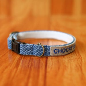 Personalized Blue Cat Collar: Earth Tone Cotton with Breakaway Buckle