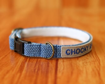 Personalized Blue Cat Collar: Earth Tone Cotton with Breakaway Buckle