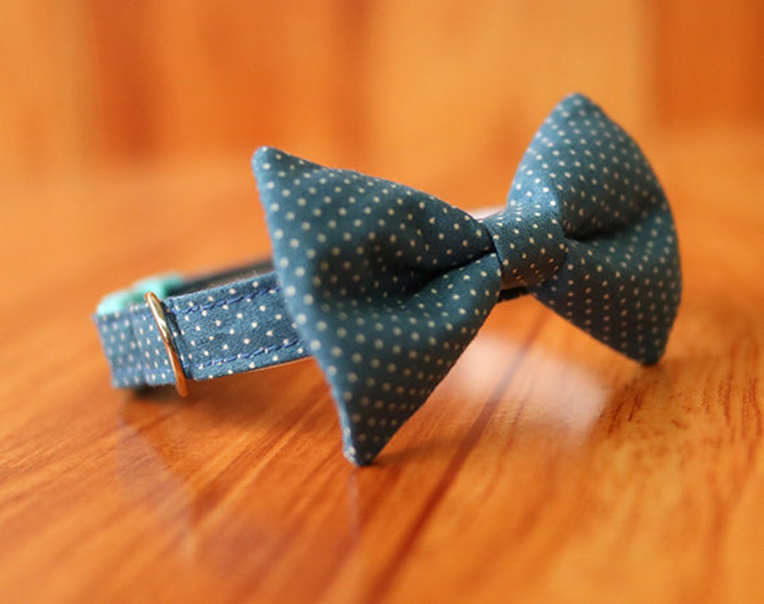 Blue Polka Dot Cat Collar With Bow Tie, Polka Dot Bow Tie, Blue Bowtie