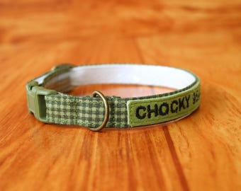 Green Gingham Cat Collar: Personalized Cotton Breakaway, Custom ID Tag
