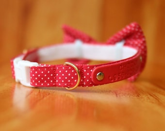 Personalized Red Polka Dot Cat Collar with Bow Tie - Breakaway Safety Buckle
