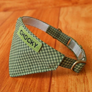 Green Gingham Cat Collar with Personalized Bandana, Green Grid Cat Bandana Personalized, Green Bandana Cat Collar, Cat collar scarf