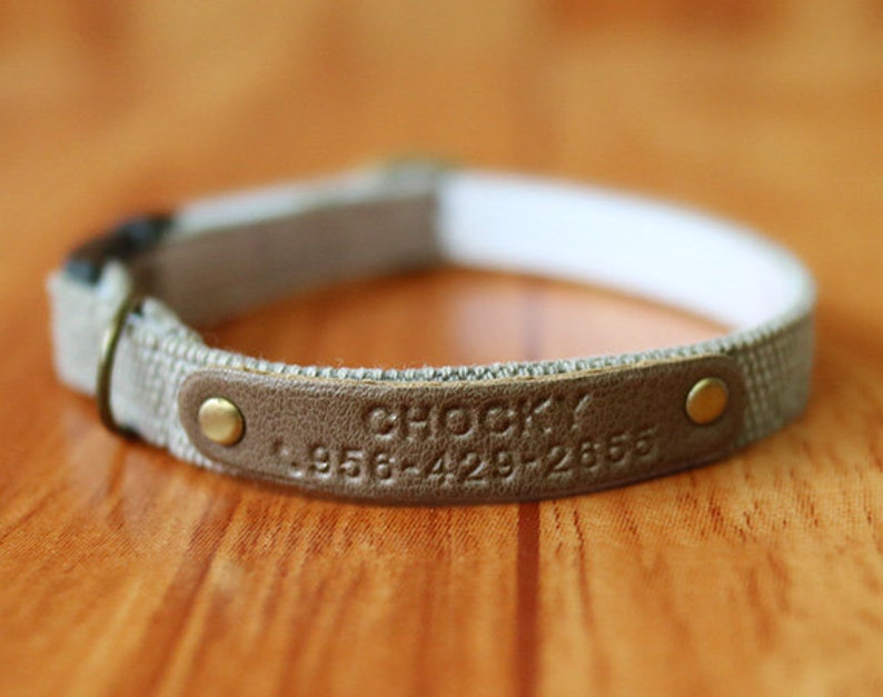 May include: A beige fabric dog collar with a brown leather patch that says "Chocki" and a phone number.