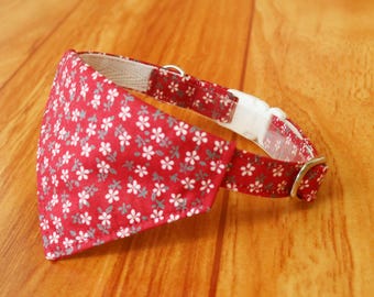 Red Floral Cat Collar with Bandana: Breakaway Safety Buckle, 100% Cotton