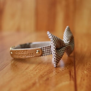 Brown Gingham Personalized Cat Collar with Bow Tie, Brown Grid Bow Tie, Brown Bow tie Cat Collar, Chocky Cat Collar Breakaway
