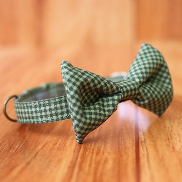 Green Gingham Cat Collar with Bow Tie, Green Grid Bow Tie, Green Bowtie Cat Collar, Chocky Cat Collar, Green Small Dog Collar Bow Tie