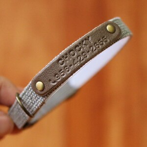 May include: A beige fabric dog collar with a brown leather patch that says "Chocky" and a phone number.