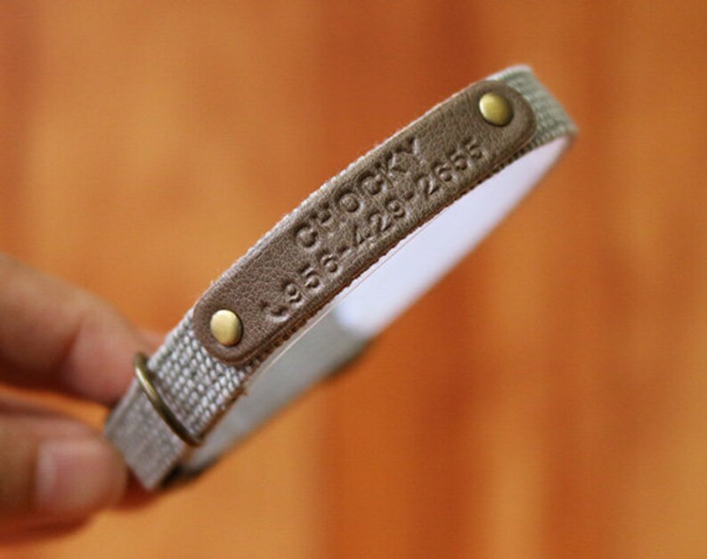 May include: A beige fabric dog collar with a brown leather patch that says "Chocky" and a phone number.