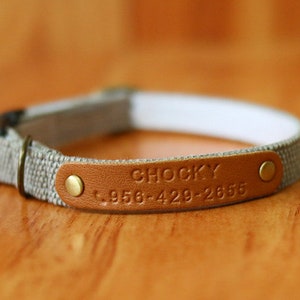 May include: A light gray fabric dog collar with a brown leather tag that says "Chocky" and a phone number.
