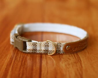 Collar personalizado para gato a cuadros marrones: hebilla de seguridad, placa de identificación personalizada.