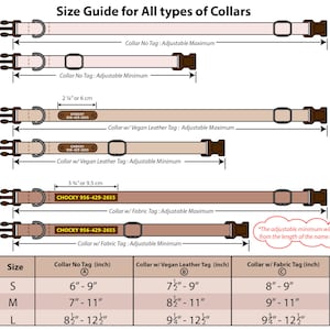 May include: Size guide for dog collars with no tag, vegan leather tag, and fabric tag. The chart shows the adjustable minimum and maximum length in inches for each collar type and size: small, medium, and large.