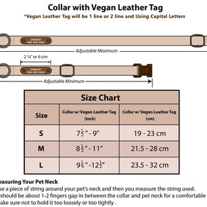 May include: Diagram showing how to measure a pet's neck for a collar. The chart shows collar sizes in inches and centimeters. The collar is adjustable and has a vegan leather tag.  "CHOCKY 956-429-2655" is printed on the tag.