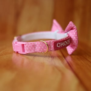 Personalized Pink Polka Dot Cat Collar with Bow Tie - Breakaway Safety Buckle