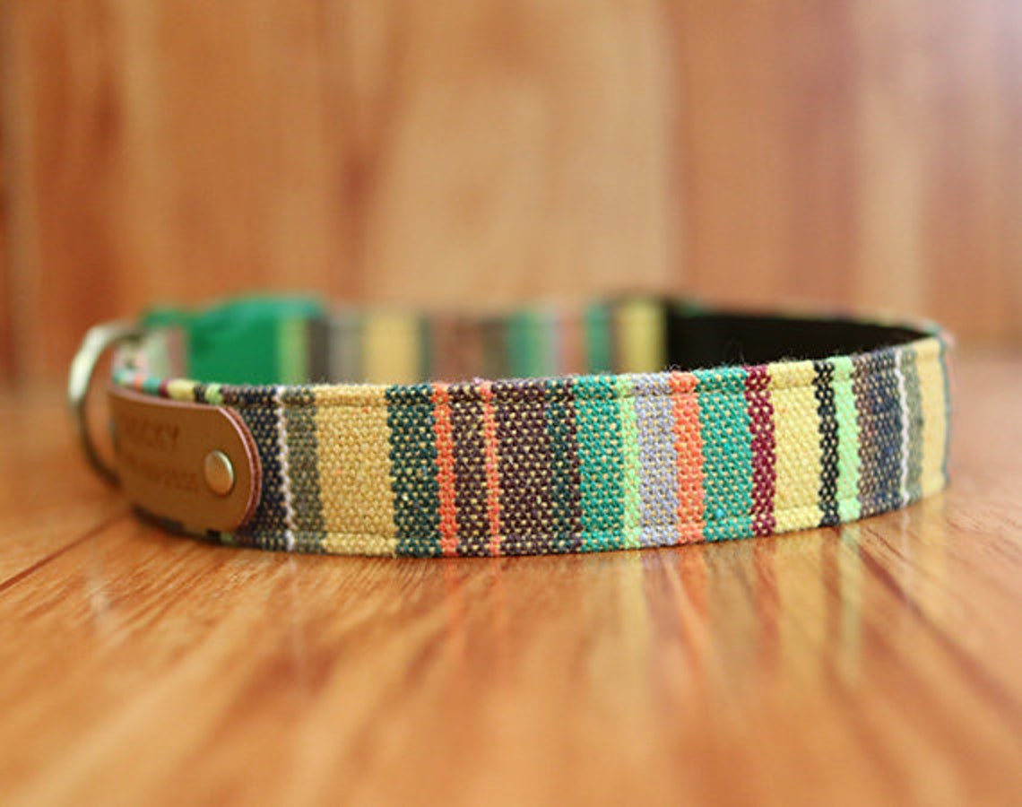 Woven Striped Dog Collar Personalized Natural Green Boho Dog Etsy