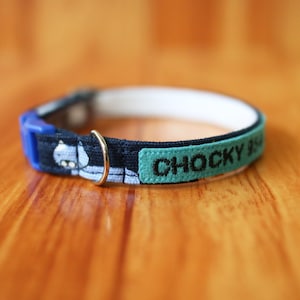 Personalized Fish Cat Collar: Blue Cotton Breakaway Kitten Collar