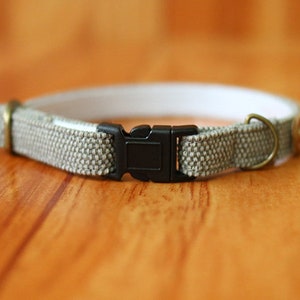 May include: A light gray fabric cat collar with a black plastic buckle and a brass D-ring.