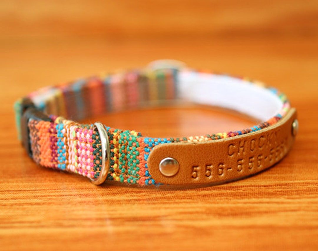 Colorful Boho Cat Collar Personalized, Tribal Cat Collar Engraved, Multi Striped Cat Collar