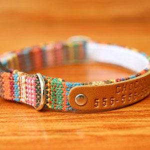 Colorful Boho Cat Collar Personalized, Tribal Cat Collar Engraved, Multi Striped Cat Collar Breakaway, Chocky Cat Collar image 1